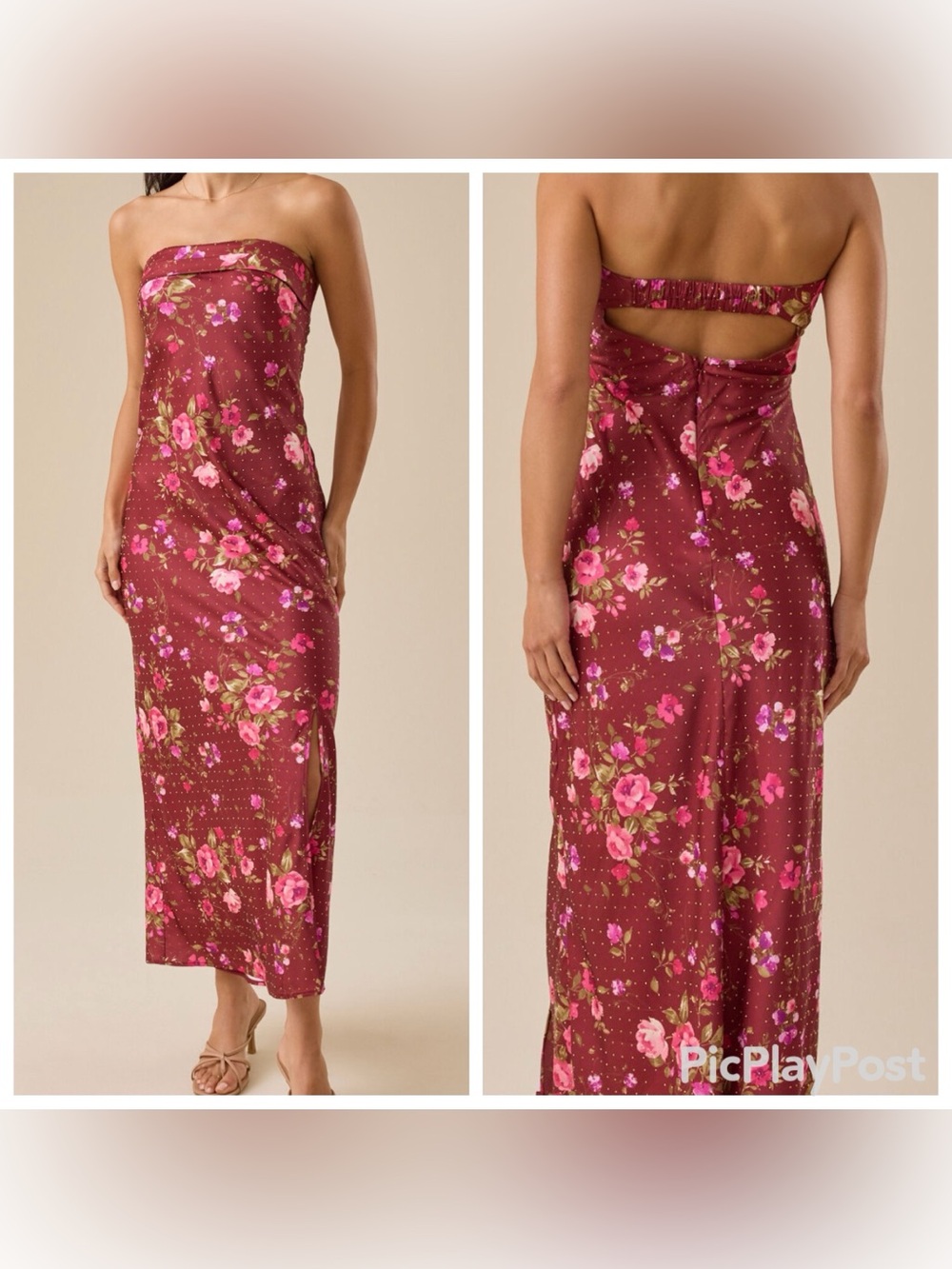 Altar'd State Maroon Floral Maxi Dress with Pink Roses with Small Gold Studding